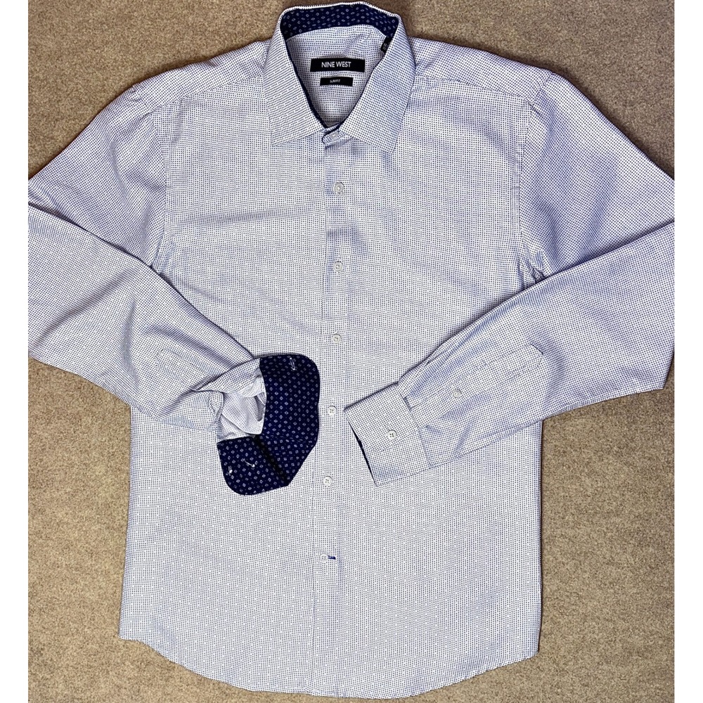 Nine West Mens Slim Fit Dress Shirt White Blue Micro Dot Long Sleeve S 14-14.5